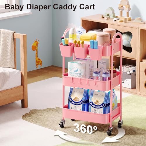 3 Tier Metal Rolling Cart with Lockable Wheels and Handle,Three Tiered Cart - color: Fashion Pink, size: 3 tier