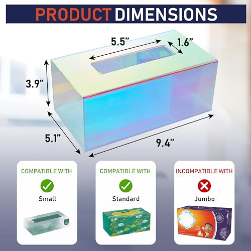 Acrylic Tissue Box Holder, Clear Dispenser for Facial Tissues, Napkins, and Dryer Sheets. Perfect for Bathrooms, Desks, Countertops, Vanities, Bedrooms, and Nightstands (Rectangle, Iridescent) - color: Iridescent, size: Rectangle