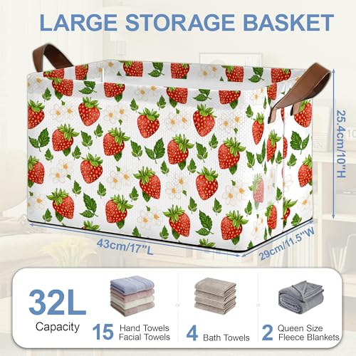 Strawberry Storage Basket with Handles,White Flowers Collapsible Rectangle Organizer Bin for Room Decoration Books Box Baskets 17x11.5x10Inch - color: Strawberry White Flowers