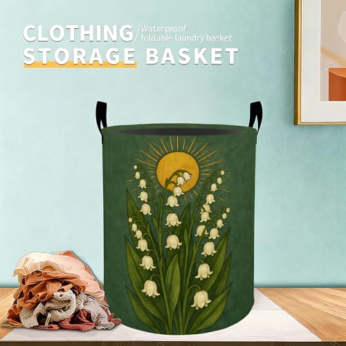 Lily of the Valley Laundry Basket Hamper for Boys Girls Kids Adults, Foldable Waterproof Oxford Clothes Storage Bin, Botanical Floral Organizer for Bedroom Bathroom Room Decor 19.7"x15.7" - style: Valley