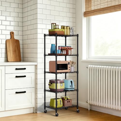 REGILLER 5-Wire Shelving Metal Storage Rack Adjustable Shelves,Standing Storage Shelf Units for Laundry Bathroom Kitchen Pantry Closet(Black,11.8" D x 16.6" W x 53.5" H,With Wheels) - color: Black, size: With Wheels 5tier 11.8"D x 16.6"W x 53.5"H