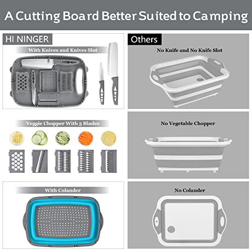 9-in-1Collapsible Cutting Board with Colander Wash Basket Camping RV Gift - color: Blue grey