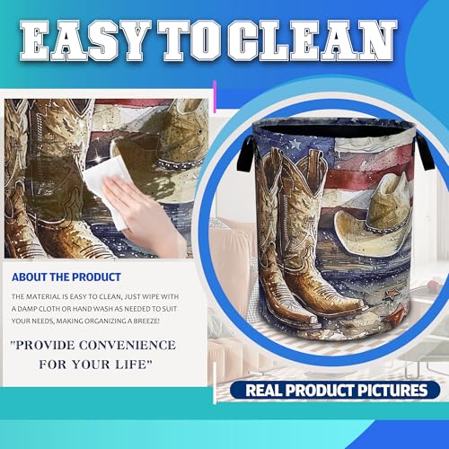 Cowboy Hat Boots American Flag Laundry Basket Oxford Cloth 18.9 x 16.5 Inch - color: Cowboy Hat Boots