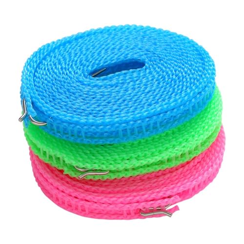 3PCS Windproof Clothesline with Hooks, 5m Clothes Line Clothes Drying Rope, Adjustable Non-Slip Nylon Clothesline, Hanging Portable Travel Clothesline