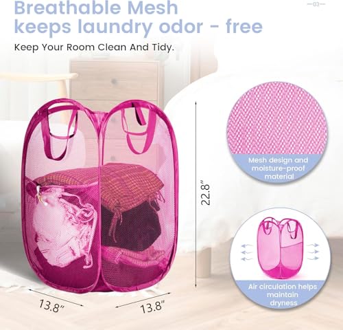 HOUSE AGAIN Strong Mesh Pop Up Laundry Hamper, 70L Collapsible Laundry Basket with Steel Frame, Double‑Stitched Handles & Side Pocket, Foldable Dirty Clothes Hamper for Dorm, Bedroom, Pink - color: Rose Pink, size: 1-Pack