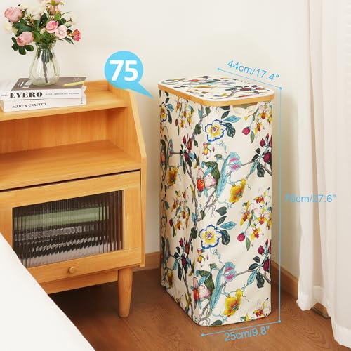efluky Slim Laundry Basket with Lid, Narrow Laundry Hamper with Removable Bag, Skinny Dirty Clothes Basket with Bamboo Handles for Bathroom, Bedroom & Laundry Room, 75L Floral - color: Floral, size: 75L
