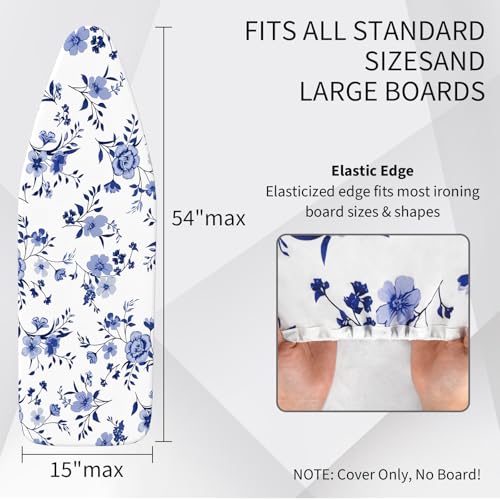 Floral Ironing Board Cover and Pad for Standard Size, 15x54 Scorch & Stain Resistant Iron Board Cover with Thick Padding, Boho Non Stick Fastener Straps Elastic Edge Ironing Covers for Laundry Room