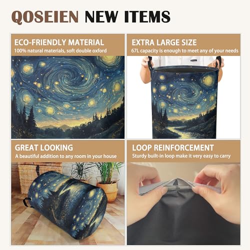 Night Sky Laundry Hamper,Collapsible Laundry Baskets,Stream Fireflies Dirty Clothes Baskets with Handles,Oxford Cloth Hamper for Bedroom,Bathroom,College Dorms, 16"x20" - color: Night Sky,Stream Fireflies