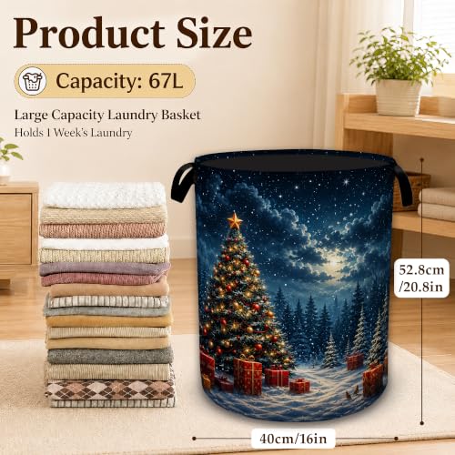 Christmas Tree Collapsible Laundry Hamper for Bedroom,Winter Night Freestanding Oxford Clothes Basket, Large Foldable Storage Bin with Easy-Carry Handles for Bathroom Dorm Laundry Room - color: Christmas Tree