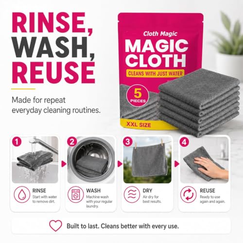 Gemie Magic Cleaning Cloth, GemieCloth Magic Cloth, Lint Free MicrofiberCleaning Cloths for Glass Screens, Cars Window, Kitchen, Reusable 1 Pack (5PCS)