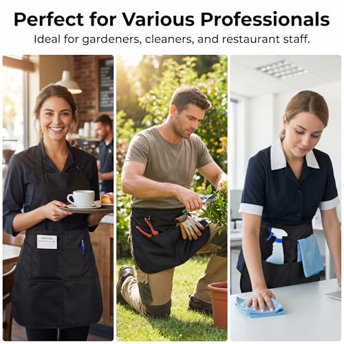 Waterproof Server Apron with 5 Large Pockets, Waist Apron for Women and Men, Cleaning Apron Utility Tool Belt for Waitress Housekeeping Gardening Barista Work Apron, Black