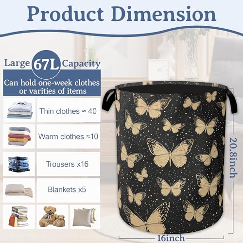 Golden Butterfly Laundry Basket,Foldable Waterproof Oxford Cloth Tote Bag Vintage Laundry Hamper with Handles,20.8"x16" Clothes Storage Bucket Organizer for Laundry Room, Bathroom, Bedroom - color: Golden Butterfly Vintage