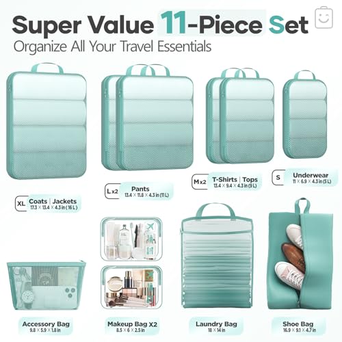 Veken 11 Set Compression Packing Cubes for Travel Essentials,Compressible Expandable Large Luggage Suitcase Organizer Bags for Clothing,Space Saver Bags with Over 1000 pcs of Mesh Holes(Blue Green) - color: Blue Green, size: 11 set