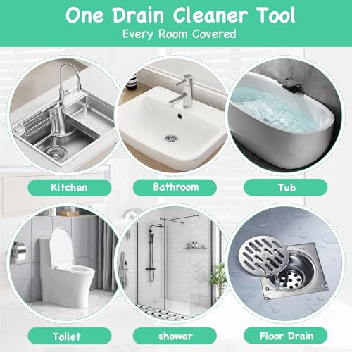 Drain Clog Remover Tool – 30”Anti-break Steel Sink Snake Hair Drain Cleaner Tool, Plumbing Snake with Rotating Handle & 6 Refills, Drain Hair Remover for Shower, Toilet, Kitchen Sink, Bathtub. 6-Pack