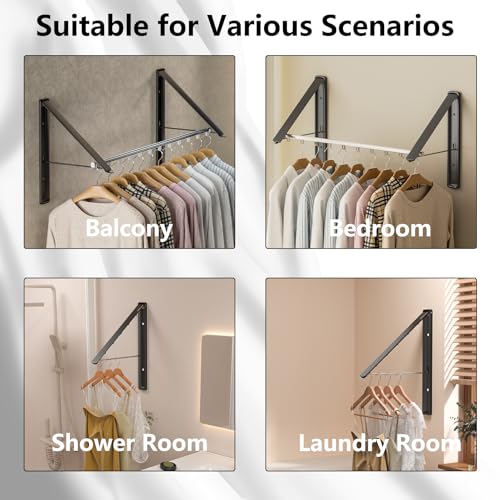 Dr.DJ Clothes Drying Rack with Rod, Wall-Mounted Retractable & Foldable Clothes Hanger for Laundry Room Organization and Storage, Metal Clothes Hanger Rack for Dorm, Closet, Balcony 2Rack, 1Rod Black - color: Black 2racks With Rod