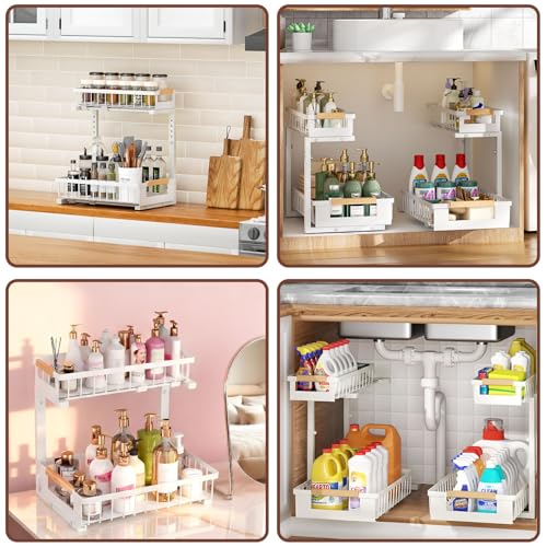 Under Sink Organizer, 2 Tier Pull Out Cabinet Organizer with 5 Adjustable Heights, Metal Under Sink Storage with Sliding Drawers for Kitchen, Bathroom, Pantry and Laundry Room, 4-Pack White - color: White-4 Pack