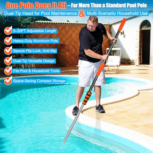ππ©π π«πππ 20 FT Telescopic Pool Pole, Heavy Duty Aluminum Pole 5-20FT Adjustable with Flip Lock Clamps, Universal for Leaf Skimmer Nets, Leaf Rakes, Pool Brushes and Vacuum Heads, 5-Year Warranty