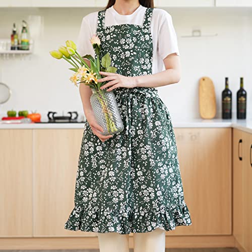 Pinknoke Vintage Pinafore Aprons for Women with Pockets for Kitchen - color: Green