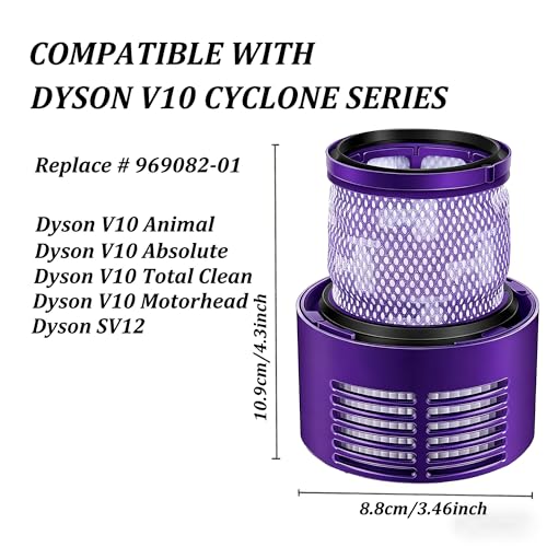 2 Pack Vacuum Filter Replacement Parts for Dyson V10, Compatible with Dyson V10 Cyclone Series, Total Clean, Animal Absolute Motorhead SV12 SV27, Replaces Part 969082-01, Washable HEPA Filter - color: V10/SV12