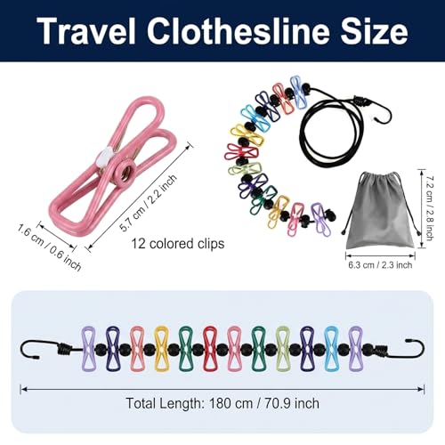 2 Pcs Travel Clothesline - Portable Retractable Clothesline Outdoor with 12 clothespins, Festival Camping Essentials with Anchor Hooks - Colorful Elastic Cord