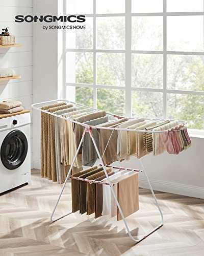 SONGMICS Clothes Drying Rack, Foldable Space-Saving Laundry Drying Rack - color: White + Pink, size: 1 Tier (21.7"d x 58.3"w x 39.4"h)