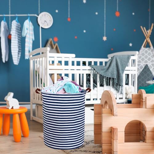 ESSME Laundry Hamper,Blue laundry basket,Collapsible with Waterproof PE Coating,Canvas Fabric Nursery Hamper for Room Decor,(Navy Blue stripes) - color: Navy Blue stripes