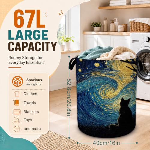 Starry Night Laundry Basket,Cat Large Collapsible Portable Round Laundry Hamper with Handles,Oxford Storage Bin for Clothes,Blankets, Bedroom,Bathroom - color: Starry Night Cat