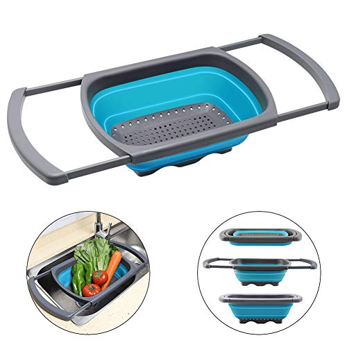 Qimh Colander Collapsible, Colander Strainer Over the Sink Food Colanders Strainers with Extendable Handles, 6-Quart, Dishwasher-Safe Kitchen Folding Strainer for Pasta, Veggies and Fruits - color: Blue