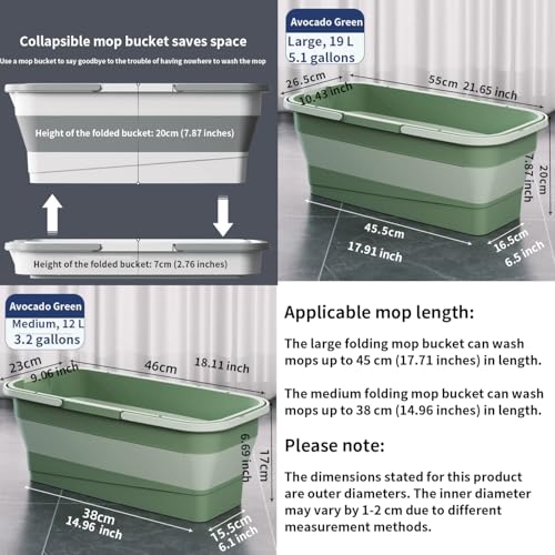 Large Collapsible Mop Bucket - 19L 5.1 Gallon Rectangular Foldable Bucket with Dual Handles & Reinforced Base for House Cleaning/RV Car Washing - color: Avocado Green, size: 19 L