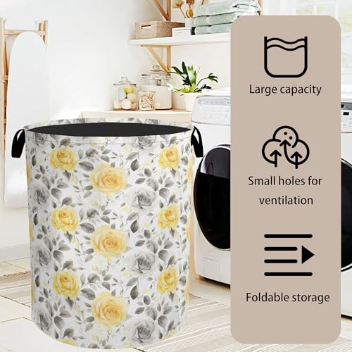 Yellow Gray Flowers Large Clothes Hamper Bag - Laundry Basket with Handles, Space Saving Foldable Design for Nursery - color: Yellow Gray Flowers