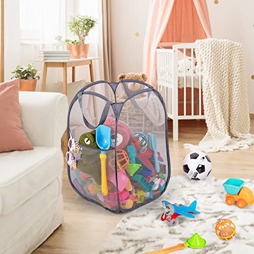 BATTOO Deluxe Strong Mesh Pop up Laundry Hamper Basket with Side Pocket Foldable Hamper for Laundry Room, Bathroom, Kids Room, College Dorm or Travel Grey + White - color: Grey+White