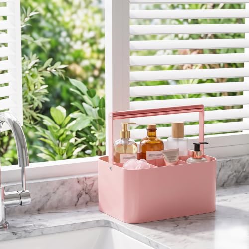 Pink Shower Caddy Portable: Plastic Bathroom Caddy Organizer with Handle, 4 adjustable compartments shower caddy with drainage holes, keeps items organized and dry, easy carry handle for college dorm - color: Pink