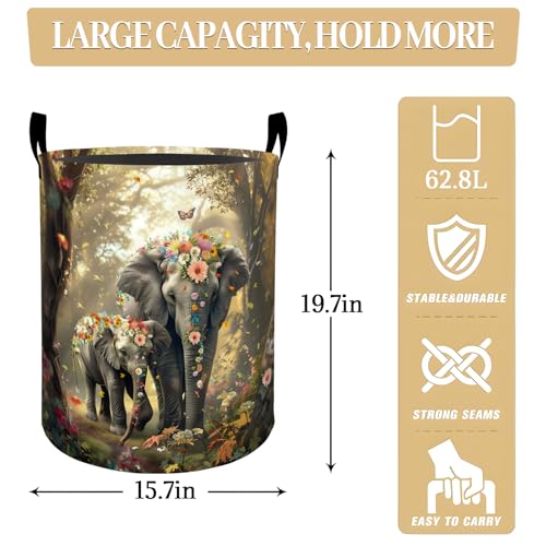 Whimsical Elephant Forest Floral Butterfly Laundry Basket, Dorm Nursery Foldable Laundry Hamper Organizer for Bathroom Decor, Toy Clothes Storage Box for Bedroom 19.7x15.7 Inch - style: Elephant28