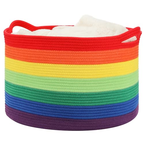 Large Blanket Basket (20"x13"),Woven Basket for Storage Dirty Clothes Basket for Laundry, Living Room, Nursery, Bedroom Rope Storage Basket for Blankets(Rainbow) - color: Rainbow