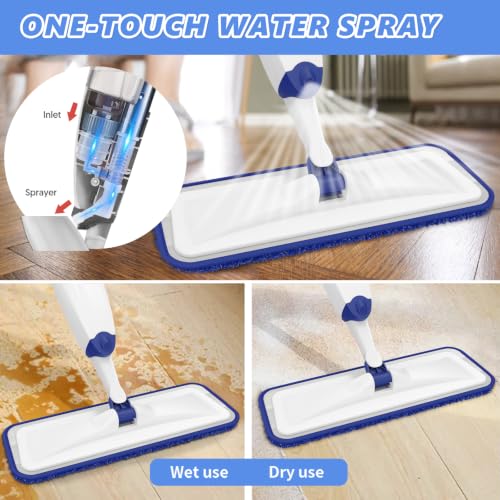 HOMTOYOU Microfiber Flat Mop with Sprayer: Spray Mop with 4 Washable Pads - color: White Blue