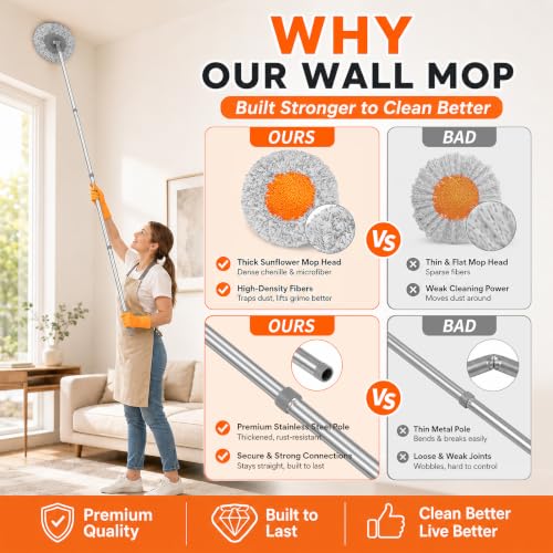 Wall Mop for Painted Walls, Wall Cleaner Mop with 104''/ 62" Long Handle, Dry Mop for Wall Floor Ceiling Cleaning, 2 Reusable Pads (Grey) - size: 62 in / 157 cm