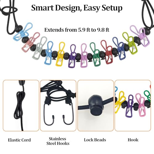 Travel Clothesline Retractable Portable Clothesline with 12 Clips Portable Elastic Camping Clothes Line with Anti-Slip Beads & Stainless Hooks for Hotel, RV, Boat, Outdoor Use (1 Pack) - size: 1 Pack