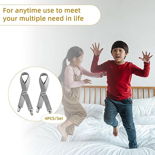 4Pcs Adjustable Bed Sheet Straps Clips, Elastic Mattress Sheet Fasteners Holder and Suspenders, Grippers to Hold Sheet, Mattress, Sofa, Couch, Table Cloth, Recliner Ironing Board Cover and More - color: 4pcs Grey