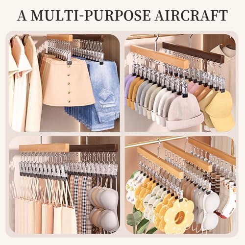 2 Pack Wooden Pants Hangers with 12 Clips, Space Saving Hanging Closet Organizer, Multi-Purpose Hanger for Leggings, Socks, Underwear, Bras, Towels, Closet Storage Solution (Natural) - color: Natural