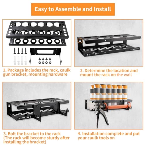 12 Slots Caulking Gun and Tubes Holder, Wall Mount Caulk Tubes Storage Rack, Metal Caulking Tools Organizer for Garage, Workshop, Work Van
