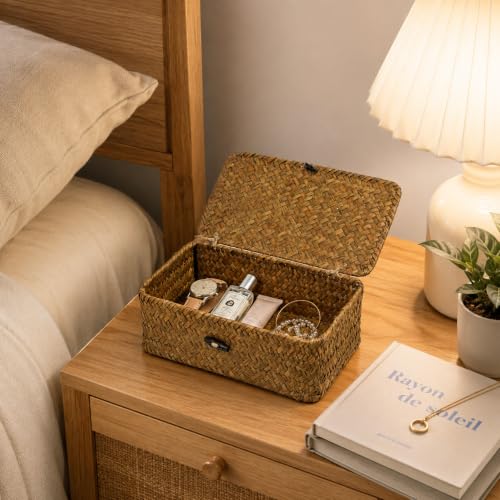 Seagrass Wicker Storage Basket with Lid, Small, Black - color: Coffee, size: 9.05" x 5.11" x 3.34"