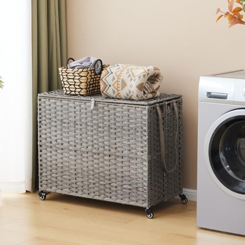 Laundry Hamper with Wheels, 52.8 Gallon(200L) Rolling Laundry Basket with Lid, 3-Section Rattan Clothes Hamper with 3 Removable Liner & 3 Mesh Bags, Laundry Sorter with Side Pocket, Grey - color: Grey, size: 200L(31.5 x 15.75 x 25.6 Inches)