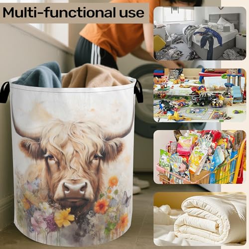 Highland Cow Summer Flowers Large Clothes Hamper Bag - Laundry Basket with Handles, Space Saving Foldable Design for Nursery - color: Highland Cow Summer Flowers