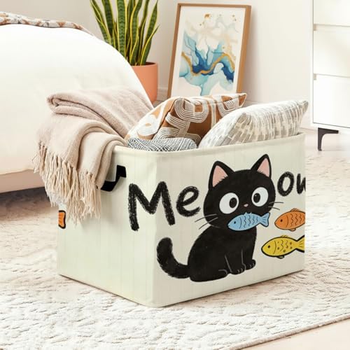 Meow Cat Foldable Laundry Basket Hamper with Handles, 56L Large Capacity Toy Storage Organizer, Collapsible Clothes Hamper for Home Decor and Bedroom Organization. - color: Meow Cat