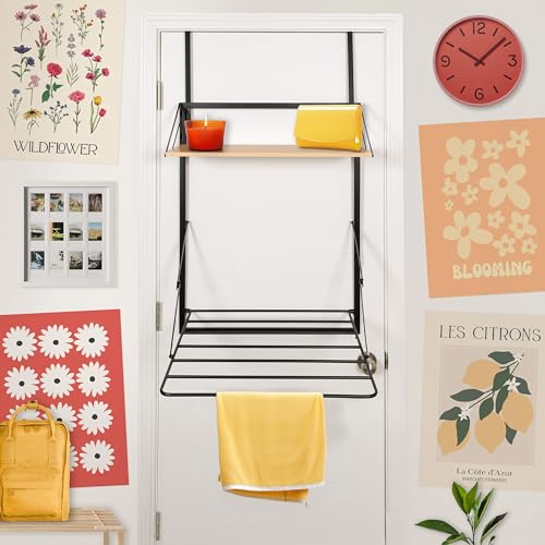 Honey-Can-Do Wall-Mount or Over-The-Door Compact Collapsible Drying Rack with Extra Shelf, Black & Oak