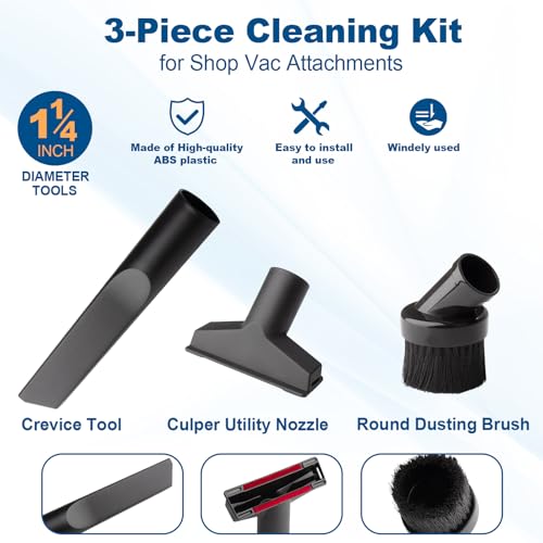 for Shop Vac Attachments Replacement 9064333, 1-1/4 (1.25“) (32MM) Inch Diameter for Wet/Dry Use Ideal for Upholstery and Carpets - Includes Round Brush, Crevice Tools and Gulper Tool - 3 Pack - color: Black Multi-Tool Set