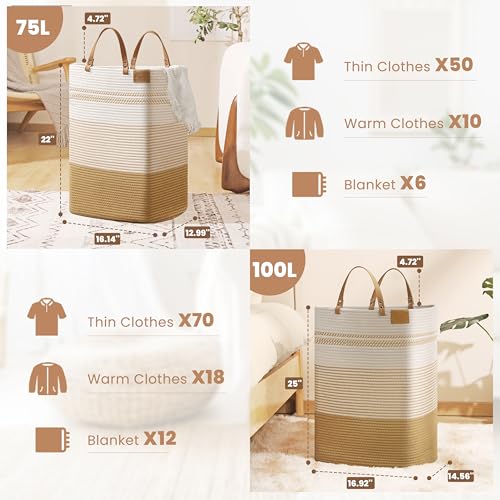 danpinera 100L Nursery Hamper, Tall Woven Laundry Basket with Long Leather Handles, Boho Laundry Hamper for Living Room & Bedroom, Eco-friendly & Convenient Decorative Storage Basket White & Jute - color: White & Jute, size: 100L Square