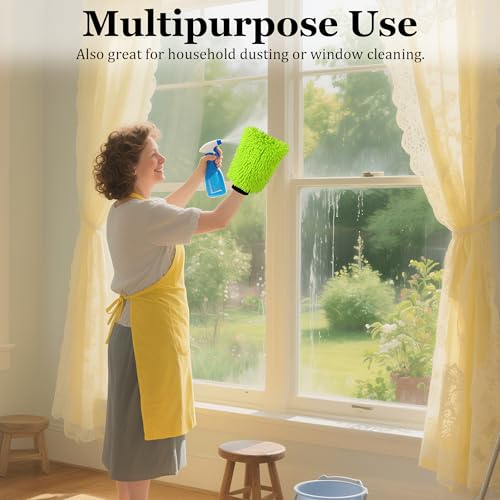 Fluorescent Green Microfiber Car Wash Mitt – Thickened Chenille Cleaning Glove for Car Windows & Detailing, Dual Use Wet/Dry - color: Green