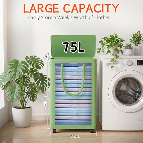 Slim Laundry Hamper with Wheels,20 Gal (75L) Rolling Laundry Basket with lid and wheels Clothes Hamper Foldable Tall Dirty Clothes Basket Sturdy Collapsible Clothes Hamper for Dorm,Laundry Room - color: Sage Green, size: 75L (17.3"L x 9.8"W x 26.8"H)