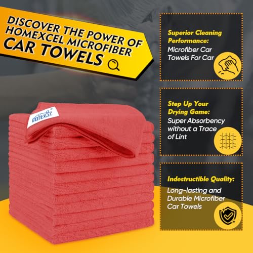 HOMEXCEL Red Microfiber Cleaning Cloth 50 Pack, 12.5 x 12.5 inch Microfiber Towels for Cars, Ultra Absorbent Car Washing Cloth, Lint Free Streak Free Cleaning Rags for Car, Kitchen, and Window - color: Red, size: 12.5 x 12.5 Inch